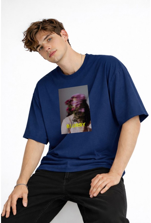 Blurry - Oversize Erkek Tişört Koyu Mavi