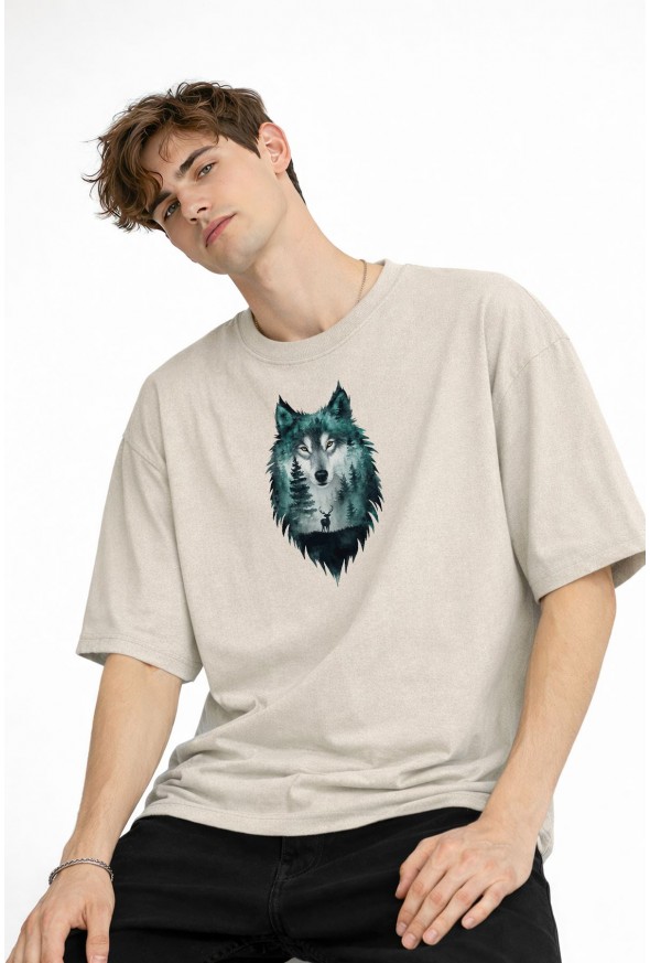 Wolf - Oversize Erkek Tişört BEJ
