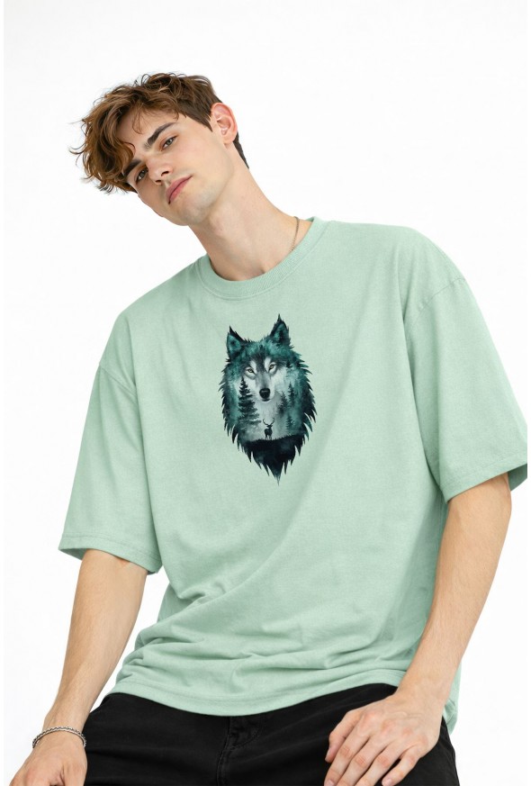 Wolf - Oversize Erkek Tişört SU YESILI