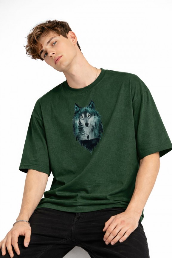 Wolf - Oversize Erkek Tişört HAKI