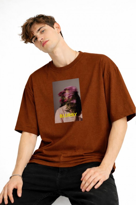 Blurry - Oversize Erkek Tişört KAHVE