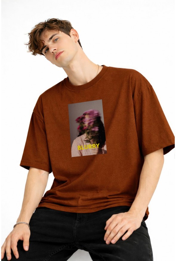 Blurry - Oversize Erkek Tişört KAHVE