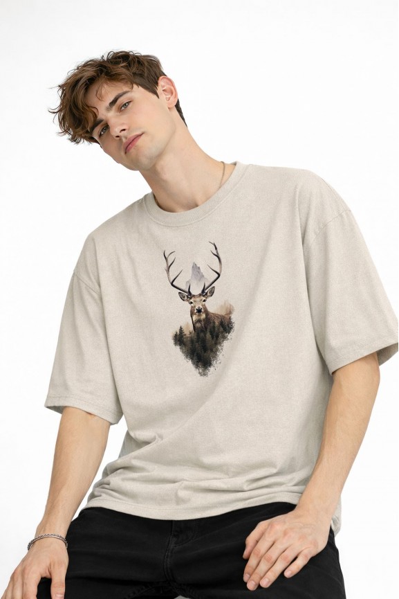 Deer - Oversize Erkek Tişört BEJ