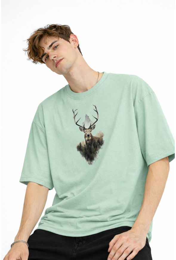 Deer - Oversize Erkek Tişört SU YESILI