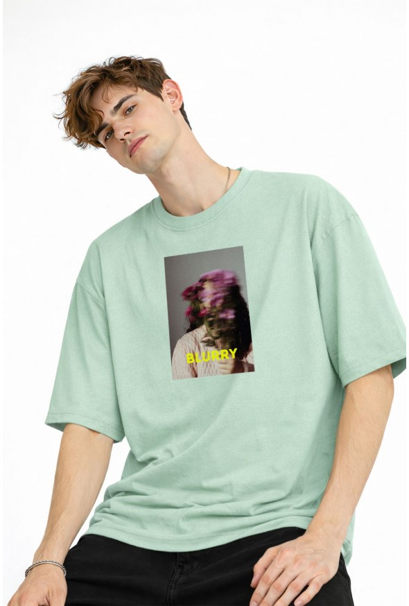 Blurry - Oversize Erkek Tişört SU YESILI