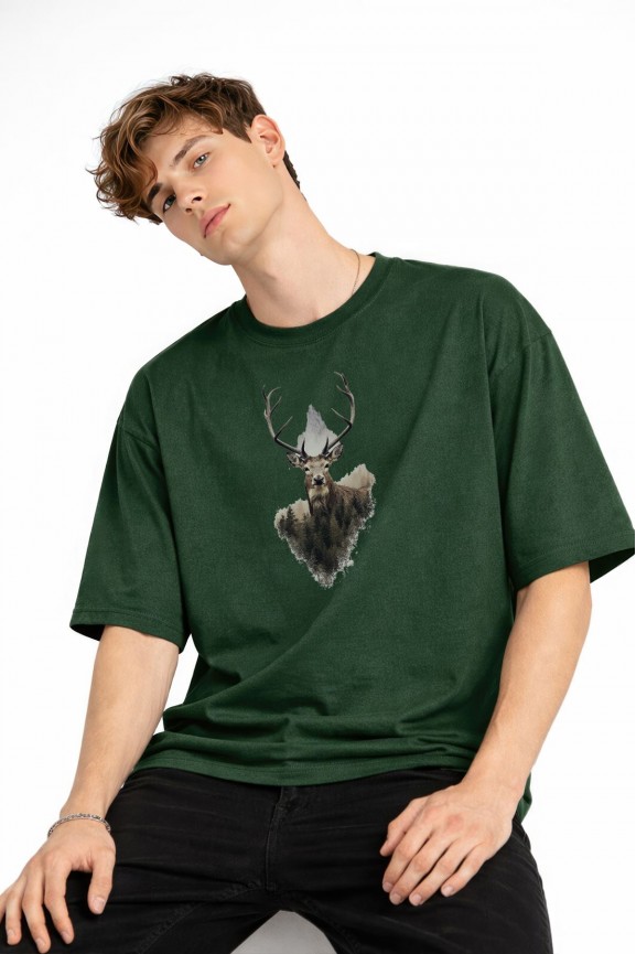 Deer - Oversize Erkek Tişört HAKI