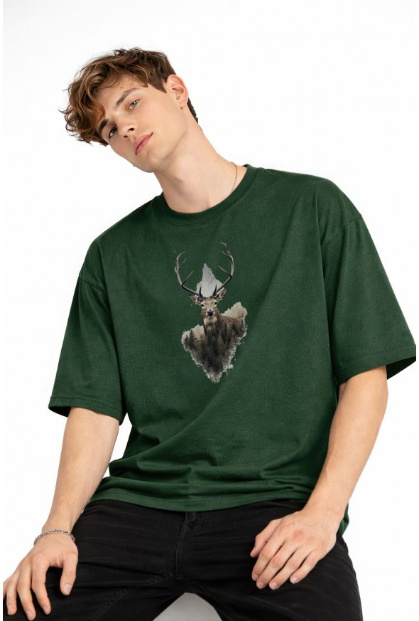 Deer - Oversize Erkek Tişört HAKI