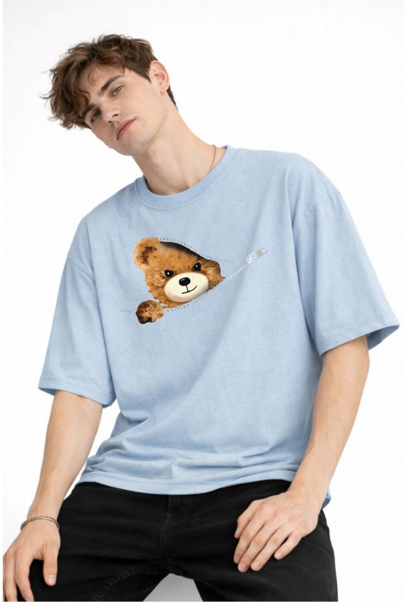 CH - Bear Baskılı Oversize Tişört AÇIK MAVİ