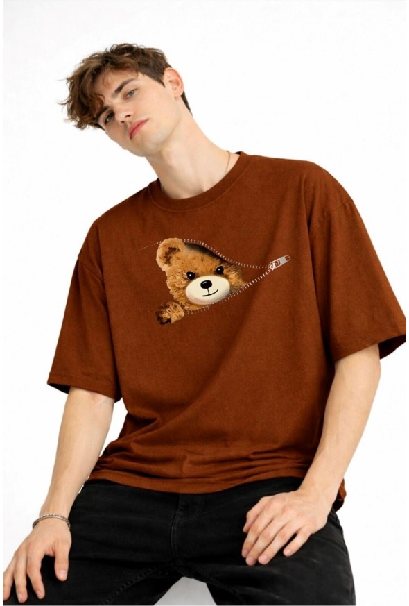 CH - Bear Baskılı Oversize Tişört KAHVE