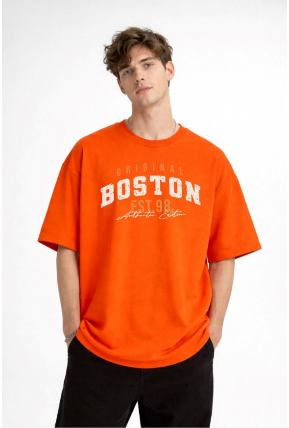 Boston - Baskılı Oversize Tişört TURUNCU
