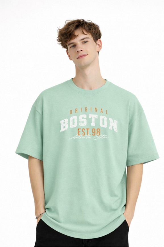 Boston - Baskılı Oversize Tişört SU YESILI