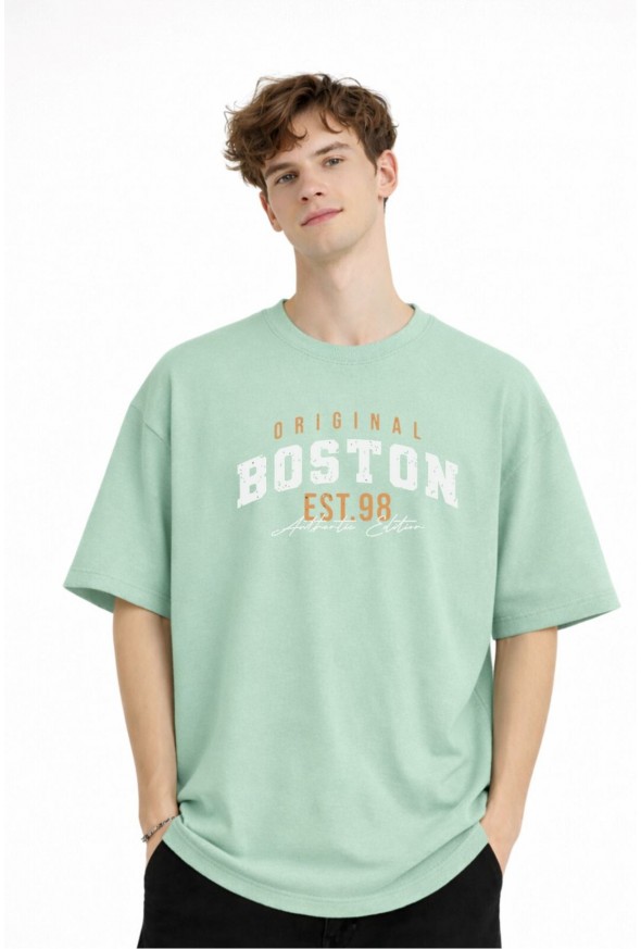 Boston - Baskılı Oversize Tişört SU YESILI