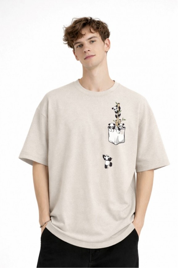 Panda - Baskılı Oversize Tişört BEJ