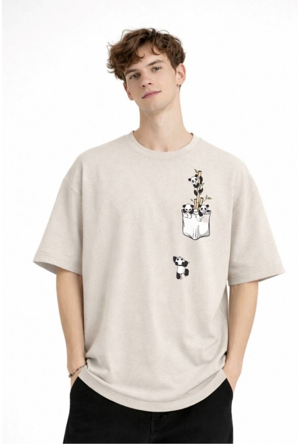 Panda - Baskılı Oversize Tişört BEJ