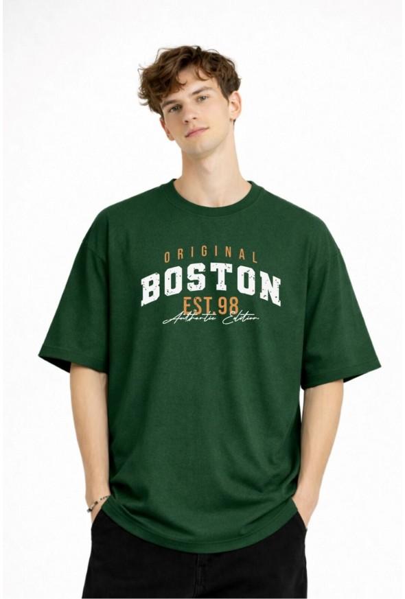 Boston - Baskılı Oversize Tişört HAKI