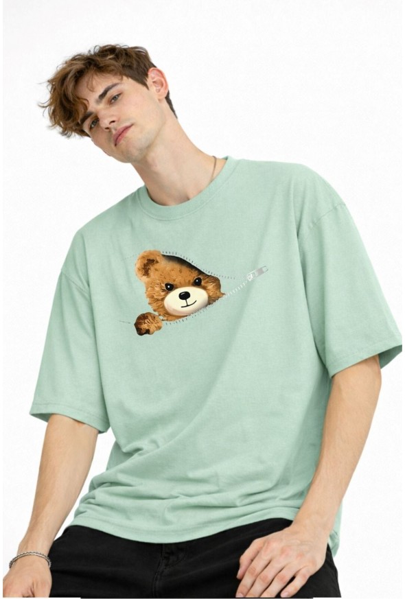 CH - Bear Baskılı Oversize Tişört SU YESILI