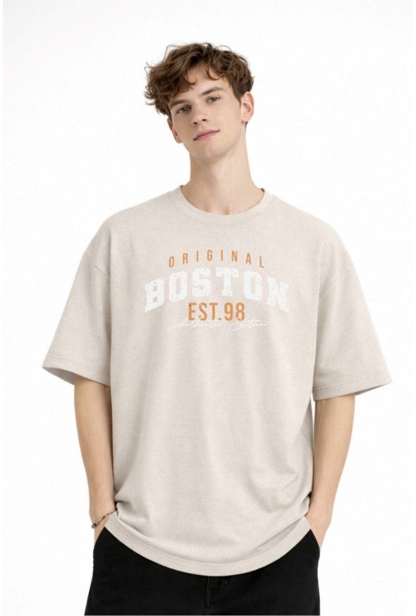 Boston - Baskılı Oversize Tişört BEJ