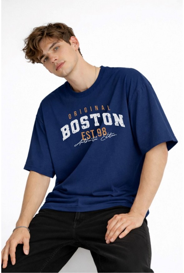 Boston - Baskılı Oversize Tişört LACIVERT
