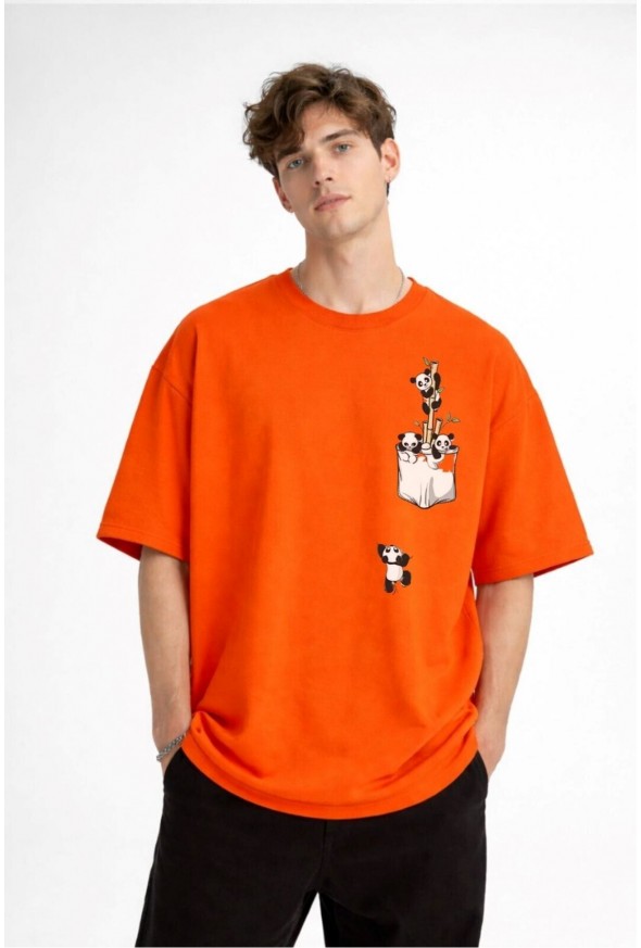 Panda - Baskılı Oversize Tişört TURUNCU